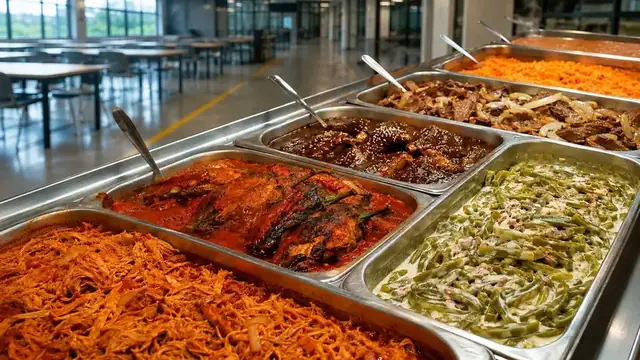 Barra de guisados calientes en el comedor de una planta industrial
