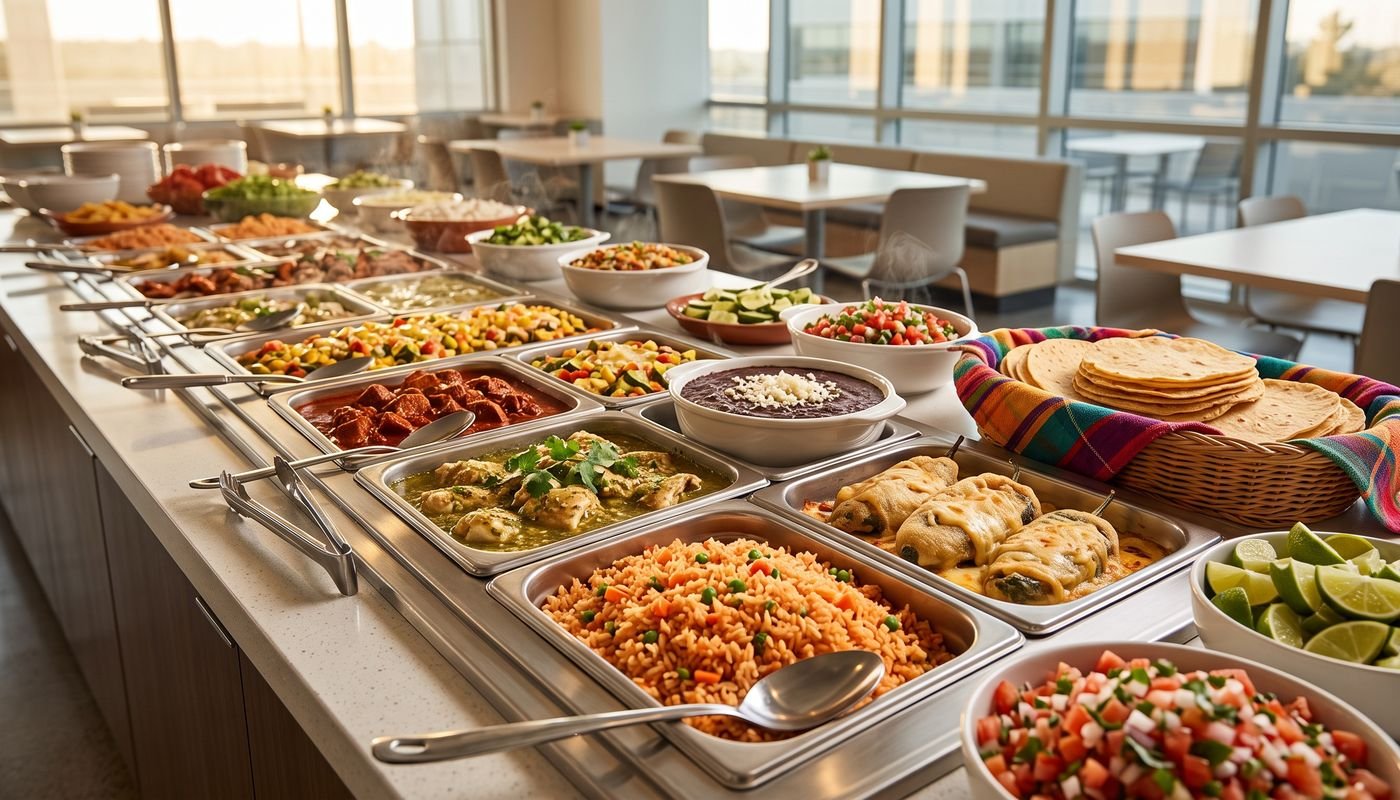 Buffet mexicano con arroz rojo, pollo en salsa verde, chiles rellenos, tortillas y pico de gallo en la barra de un comedor empresarial