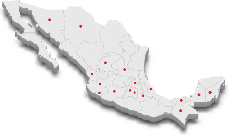 Mapa de la República Mexicana con las ciudades donde Comercializadora ASA presta servicio